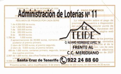 Reverso del d&eacute;cimo 90954 con el sello de la Administraci&oacute;n n&ordm; 11 &laquo;El Teide&raquo;, en Santa Cruz de Tenerife